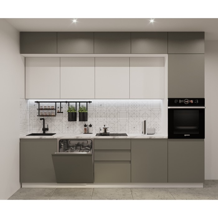 Кухонный гарнитур трёхуровневый «Лайн - 53», 3000×600 мм, цвет белый/обсидиан/тальк/мрамор белый - Фото 1