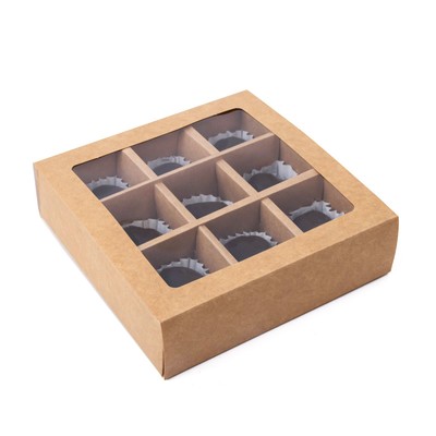 Коробка для 9 конфет, крафт, 13.5×13.5×3.2 см