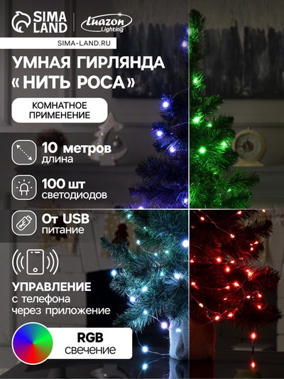 Умная гирлянда «Нить» 10 м роса, IP20, серебристая нить, 100 LED, управление с приложения, свечение RGB, USB