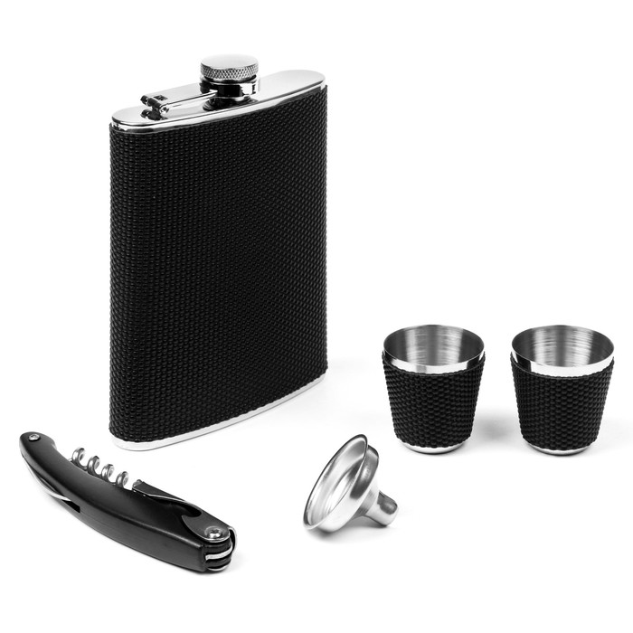Подарочный набор 5 в 1, фляжка 240 мл, воронка, штопор, 2 рюмки, нержавеющая сталь, пластик, чёрный - Фото 1
