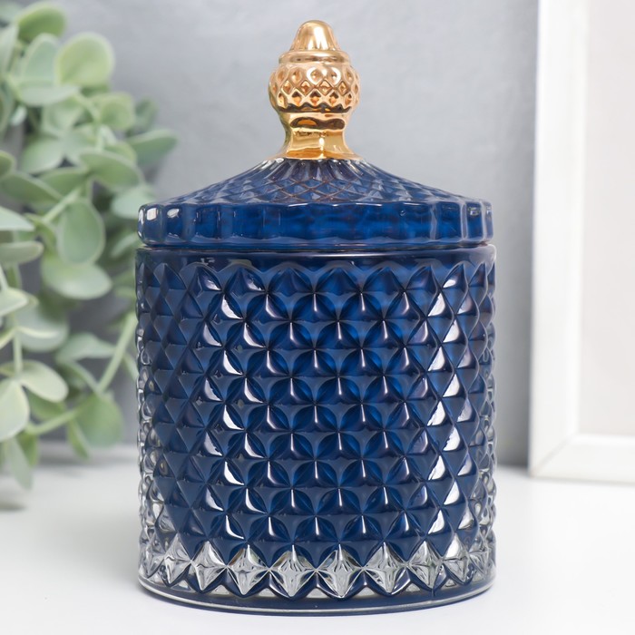 Шкатулка стекло "Ромбы и купол" тёмно-синий с золотом 14х8,2х8,2 см - Фото 1