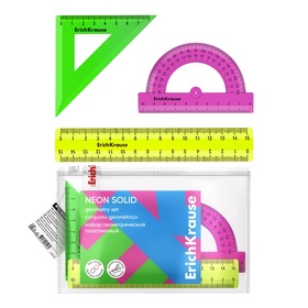 Набор геометрический ErichKrause Neon Solid, пластиковый, малый (линейка, угольник, транспортир), микс из 3 цветов, в zip-пакете 9304271