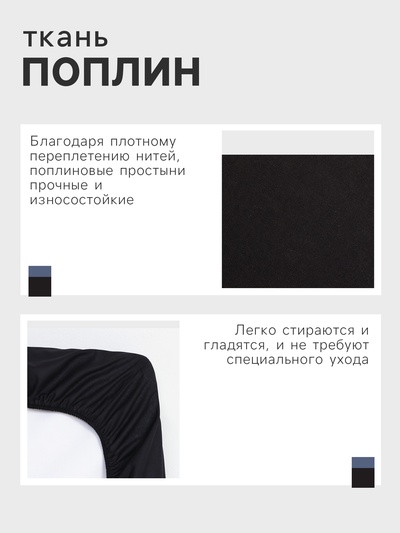 Простыня на резинке 1.5-спальная «Этель», 140×200+25 см, поплин, чёрная