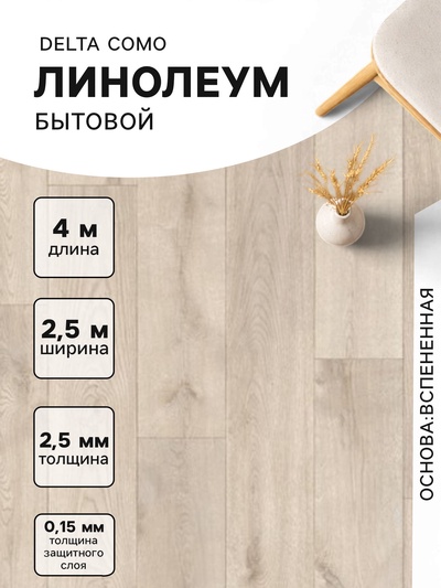 Линолеум бытовой Delta Como 1, ширина 2.5 м, длина 4 м, толщина 2.5 мм, 10 м²