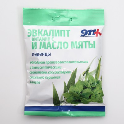 Леденцы 911 эвкалипт, витамин С, масло мяты, 50 г