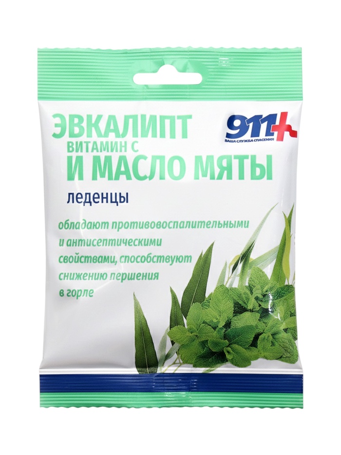 Леденцы "911" без сахара, эвкалипт, витамин С, масло мяты, 50 г - Фото 1