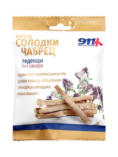 Леденцы 911 без сахара, корень солодки, чабрец, витамин С, 50 г