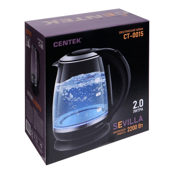 Чайник электрический Centek CT-0015, стекло, 2 л, 2200 Вт, чёрный - фото 51336663