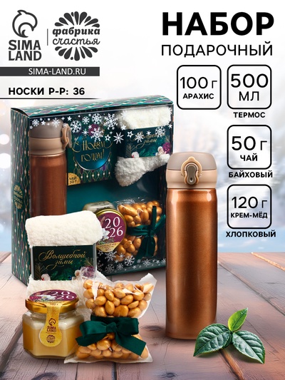 Подарочный набор новогодний «С Новым годом», чай, крем-мед, носки, термос