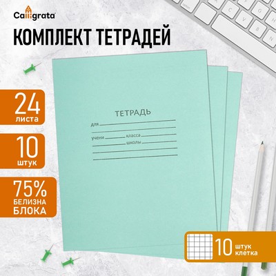 Комплект тетрадей из 10 штук, 24 листа в клетку КПК "Зелёная обложка", блок №2, белизна 75% (серые листы)