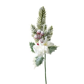 Новогодний декор «Ветка ели искусственная» заснеженная с белым цветком, 1 шт.