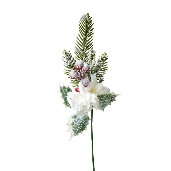 Новогодний декор «Ветка ели искусственная» заснеженная с белым цветком, 1 шт. - Фото 1