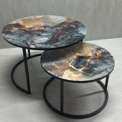 Столы журнальные Duae, 605(475)×420(320) мм, цвет чёрный муар/стекло с фотопечатью, 2 шт.