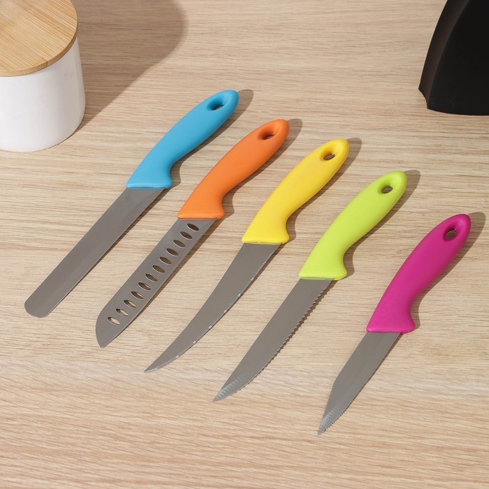 Набор кухонных ножей на подставке, 5 шт, лезвие 8,5 см, 11 см, 11,5 см, 12,5 см, цвет МИКС - фото 1906785150