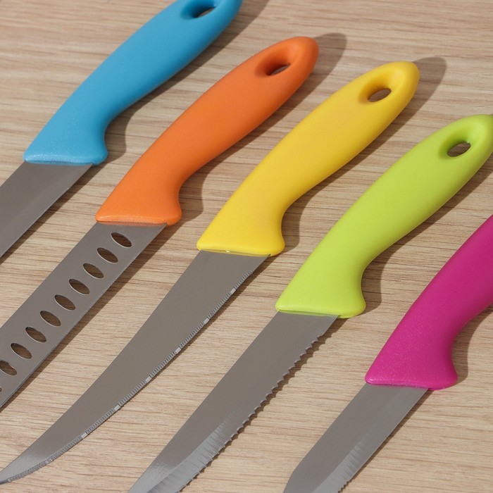 Набор кухонных ножей на подставке, 5 шт, лезвие 8,5 см, 11 см, 11,5 см, 12,5 см, цвет МИКС - фото 1906785147
