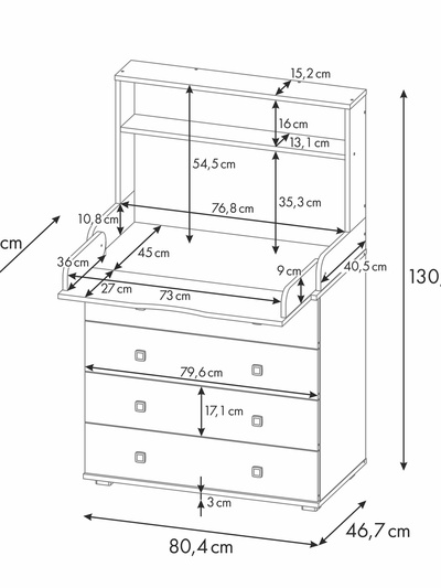 Комод со стеллажом Polini kids Simple 2580, 467х804х1367 мм, белый