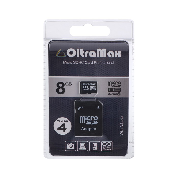 Карта памяти OltraMax MicroSD 8 Гб SDHC класс 4 с адаптером SD 21300₽