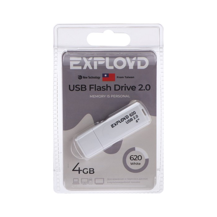 Флешка Exployd 620, 4 Гб, USB2.0, чт до 15 Мб/с, зап до 8 Мб/с, белая - фото 51302965