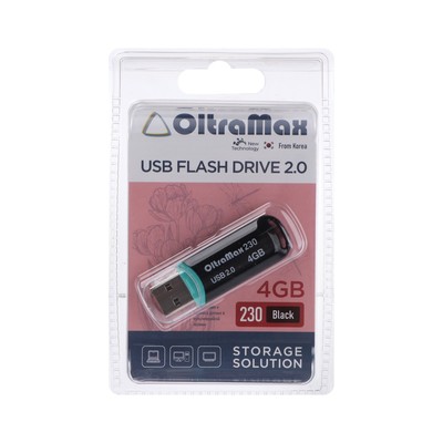 Флешка OltraMax 230, 4 Гб, USB2.0, чт до 15 Мб/с, зап до 8 Мб/с, чёрная
