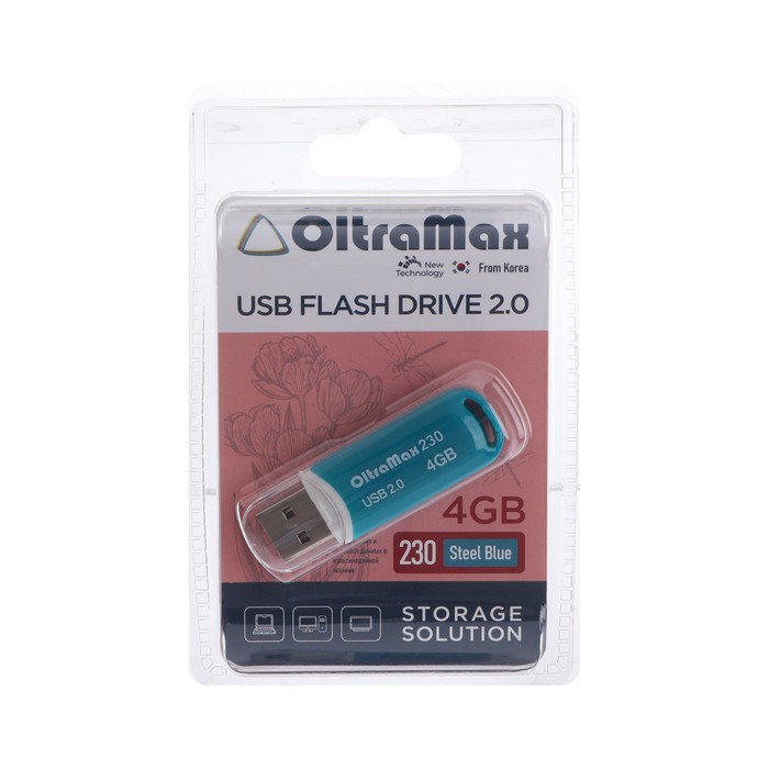 Флешка OltraMax 230, 4 Гб, USB2.0, чт до 15 Мб/с, зап до 8 Мб/с, синяя - Фото 1