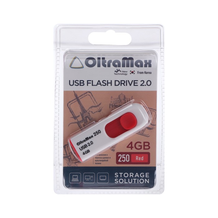 Флешка OltraMax 250, 4 Гб, USB2.0, чт до 15 Мб/с, зап до 8 Мб/с, красная - фото 51302987