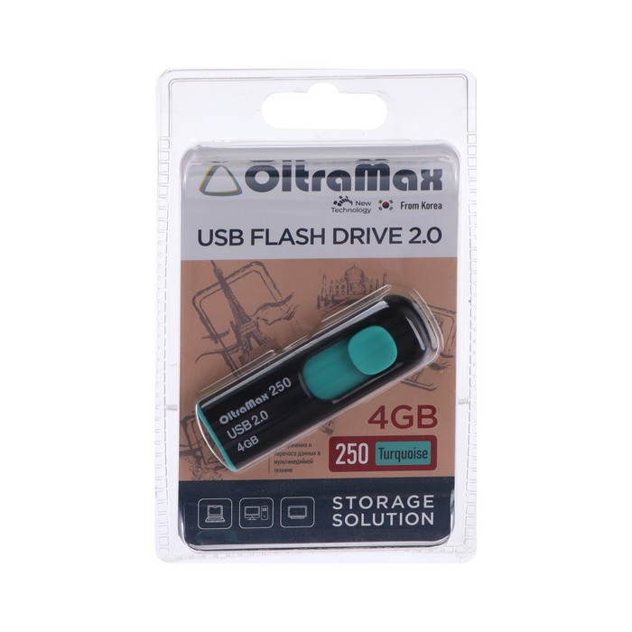 Флешка OltraMax 250, 4 Гб, USB2.0, чт до 15 Мб/с, зап до 8 Мб/с, бирюзовая - фото 51302991