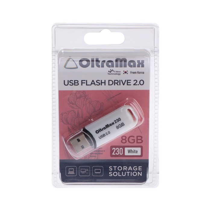Флешка OltraMax 230, 8 Гб, USB2.0, чт до 15 Мб/с, зап до 8 Мб/с, белая - Фото 1