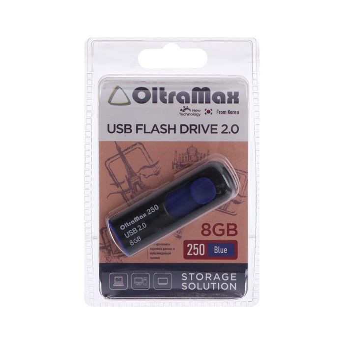 Флешка OltraMax 250, 8 Гб, USB2.0, чт до 15 Мб/с, зап до 8 Мб/с, синяя - фото 51303030