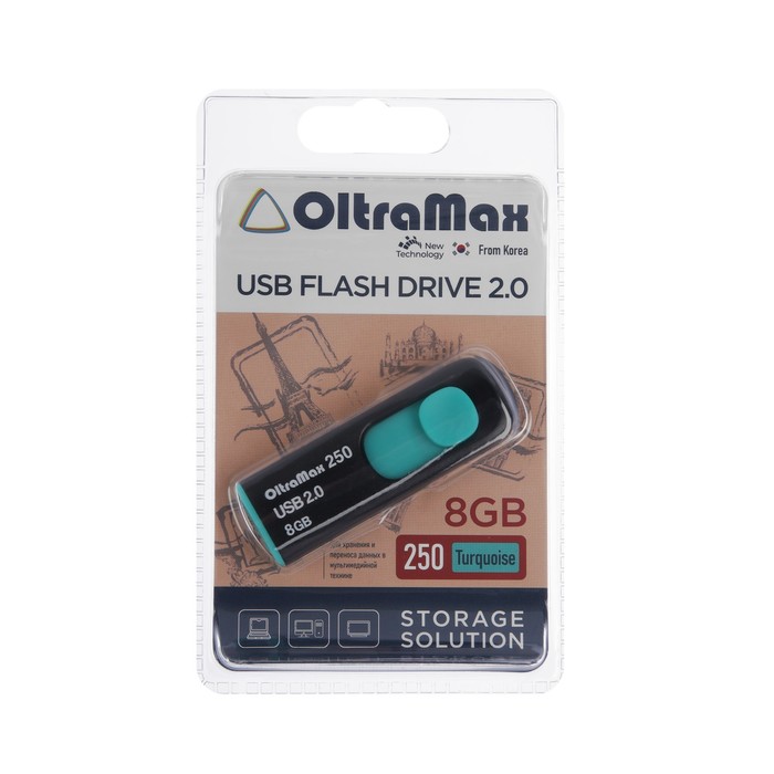 Флешка OltraMax 250, 8 Гб, USB2.0, чт до 15 Мб/с, зап до 8 Мб/с, бирюзовая - фото 51303040