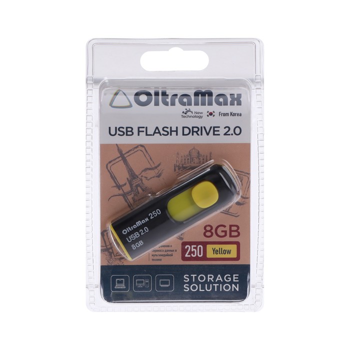 Флешка OltraMax 250, 8 Гб, USB2.0, чт до 15 Мб/с, зап до 8 Мб/с, жёлтая - фото 51303044