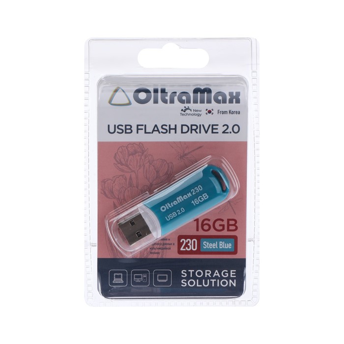 Флешка OltraMax 230, 16 Гб, USB2.0, чт до 15 Мб/с, зап до 8 Мб/с, синяя - Фото 1