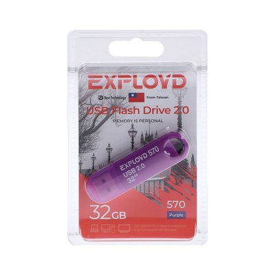 Флешка Exployd 570, 32 Гб, USB2.0, чт до 15 Мб/с, зап до 8 Мб/с, фиолетовая