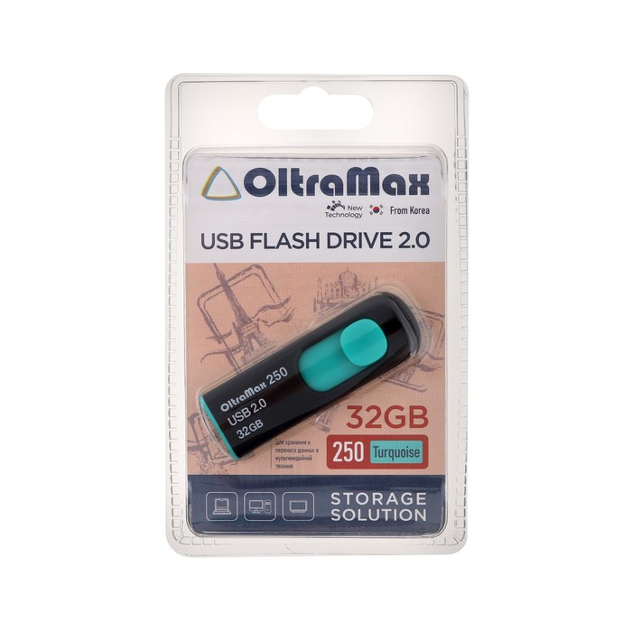 Флешка OltraMax 250, 32 Гб, USB2.0, чт до 15 Мб/с, зап до 8 Мб/с, бирюзовая - Фото 1