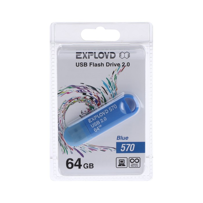 Флешка Exployd 570, 64 Гб, USB2.0, чт до 15 Мб/с, зап до 8 Мб/с, синяя - фото 51303120