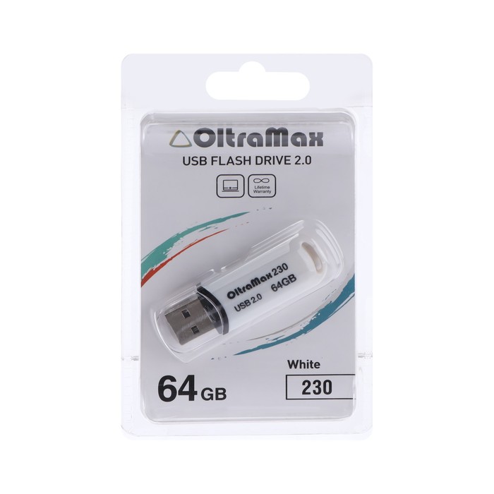 Флешка OltraMax 230, 64 Гб, USB2.0, чт до 15 Мб/с, зап до 8 Мб/с, белая - Фото 1