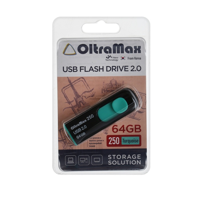 Флешка OltraMax 250, 64 Гб, USB2.0, чт до 15 Мб/с, зап до 8 Мб/с, бирюзовая - фото 51524636