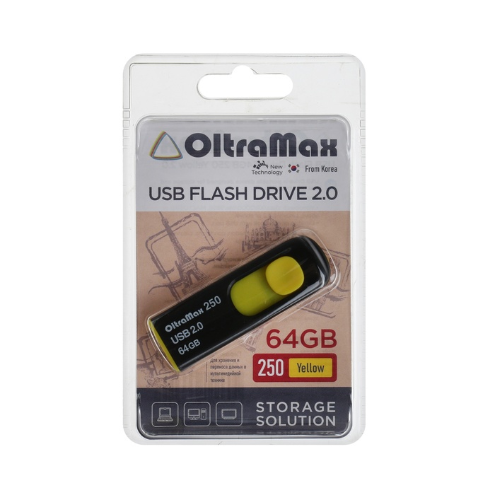 Флешка OltraMax 250, 64 Гб, USB2.0, чт до 15 Мб/с, зап до 8 Мб/с, жёлтая - фото 51524638