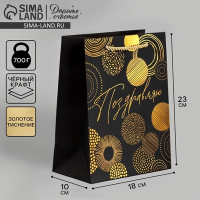 Пакет подарочный, упаковка, «Поздравляю», чёрный крафт, 18×23×10 см