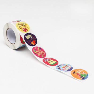 Наклейки в рулоне «День Рождения»,500 шт.,3.8×3.8 см