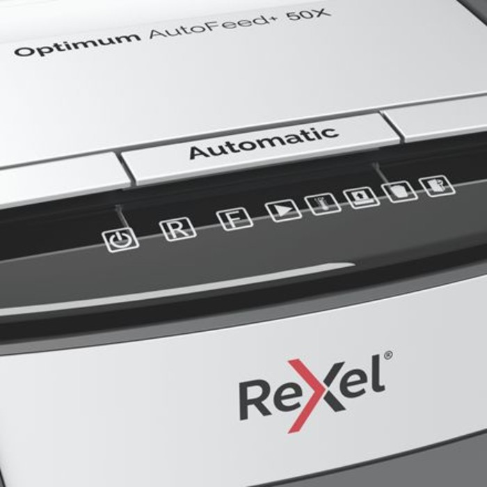 Шредер Rexel Optimum AutoFeed 50X, фрагменты 4х28мм, 50 листов, скрепки, скобы, пл.карты - фото 51303302