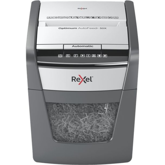 Шредер Rexel Optimum AutoFeed 50X, фрагменты 4х28мм, 50 листов, скрепки, скобы, пл.карты - фото 51303303