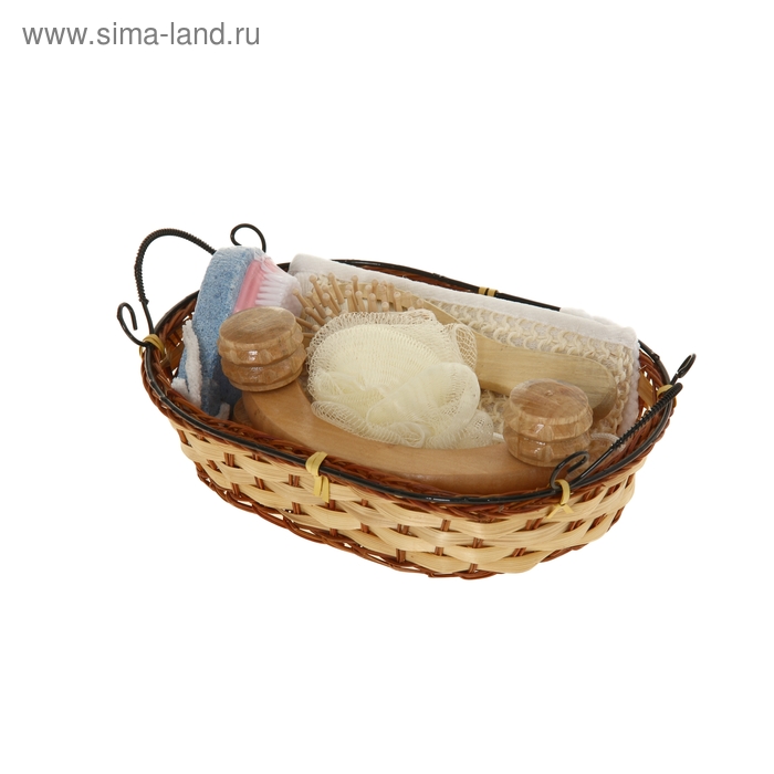 Набор банный в плетеной корзине 5 предметов: 2 мочалки, расческа, пемза-щетка, массажер, цвет МИКС - Фото 1