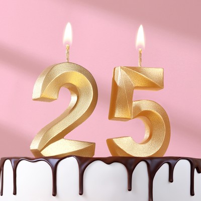 Свеча в торт юбилейная "Грань" (набор 2 в 1), цифра 25, цифра 52, золотой металлик, 6,5 см
