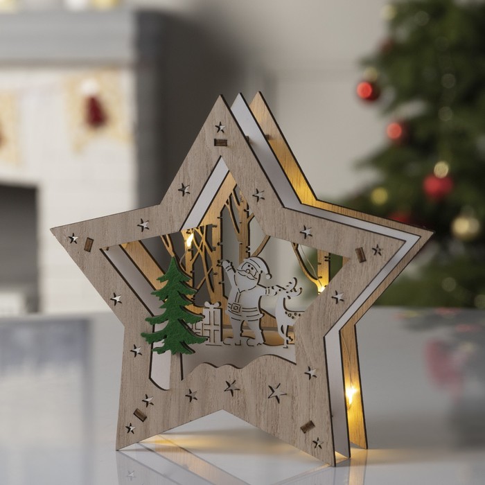 Светодиодная фигура «Звезда с Дедом Морозом» 17 × 17 × 4 см, дерево, батарейки АААх2 (не в комплекте), свечение тёплое белое - Фото 1