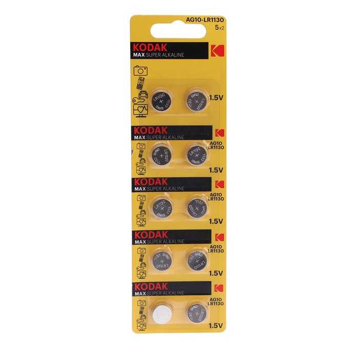 Батарейка алкалиновая Kodak, AG10 (G10, 389, LR1130, LR54)-10BL, 1.5В, блистер, 10 шт. - Фото 1