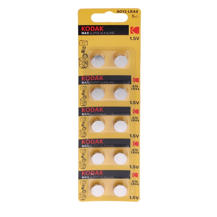 Батарейка алкалиновая Kodak, AG13 (G13, 357, LR1154, LR44)-10BL, 1.5В, блистер, 10 шт. - Фото 1