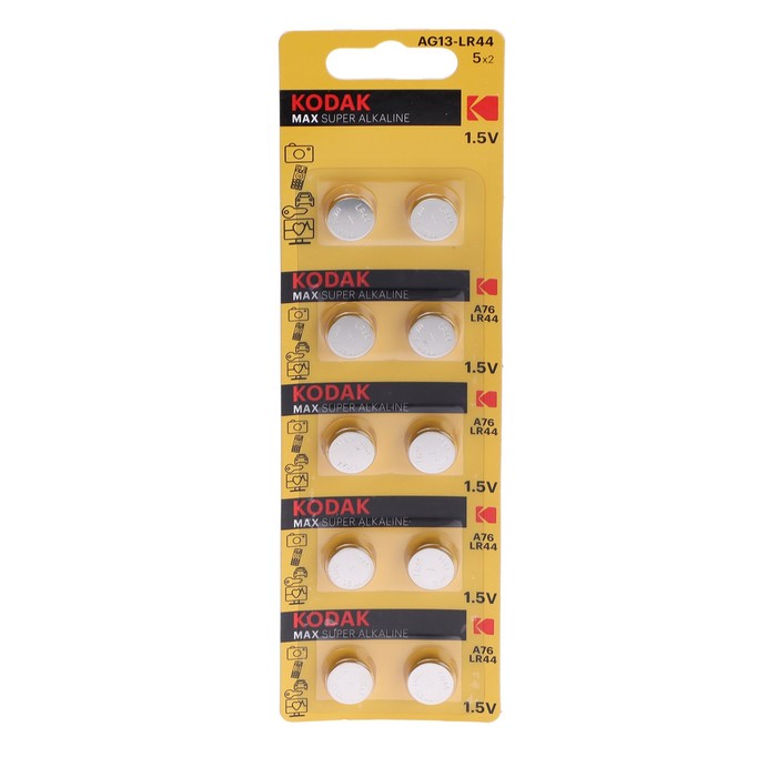 Батарейка алкалиновая Kodak, AG13 (G13, 357, LR1154, LR44)-10BL, 1.5 В, блистер, 10 шт. - Фото 1
