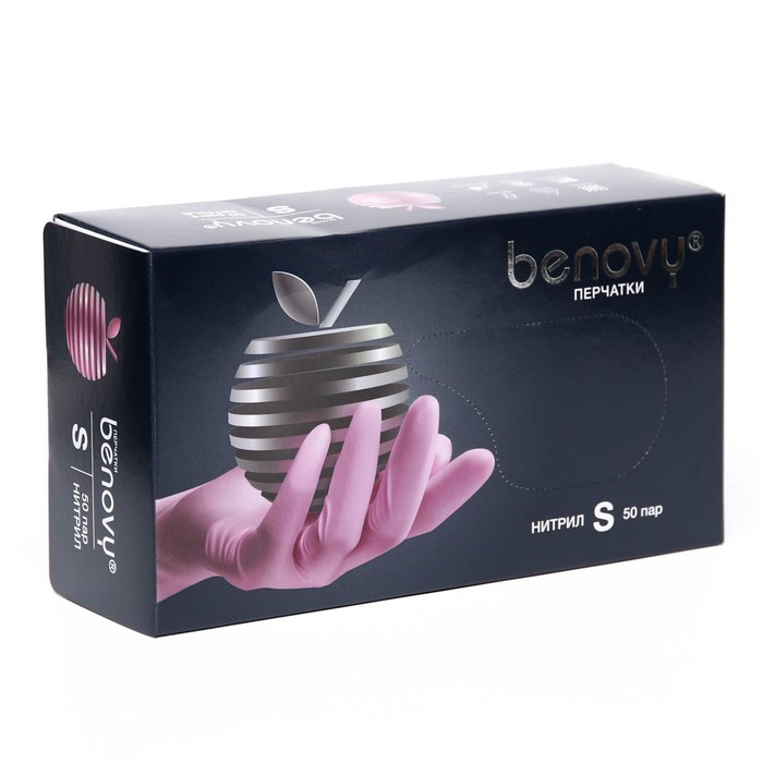 Перчатки Benovy нитриловые медицинские, розовые 3,8 гр   S, 50 пар. , - Фото 1