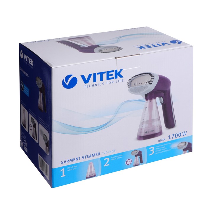 Отпариватель Vitek VT-2438, ручной, 1700 Вт, 280 мл, до 25 г/мин, 1 насадка - фото 51323514