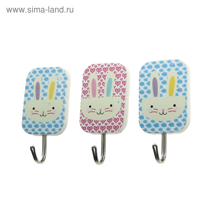 Крючки самоклеящиеся «Зайки», 3 шт, цвет МИКС - Фото 1